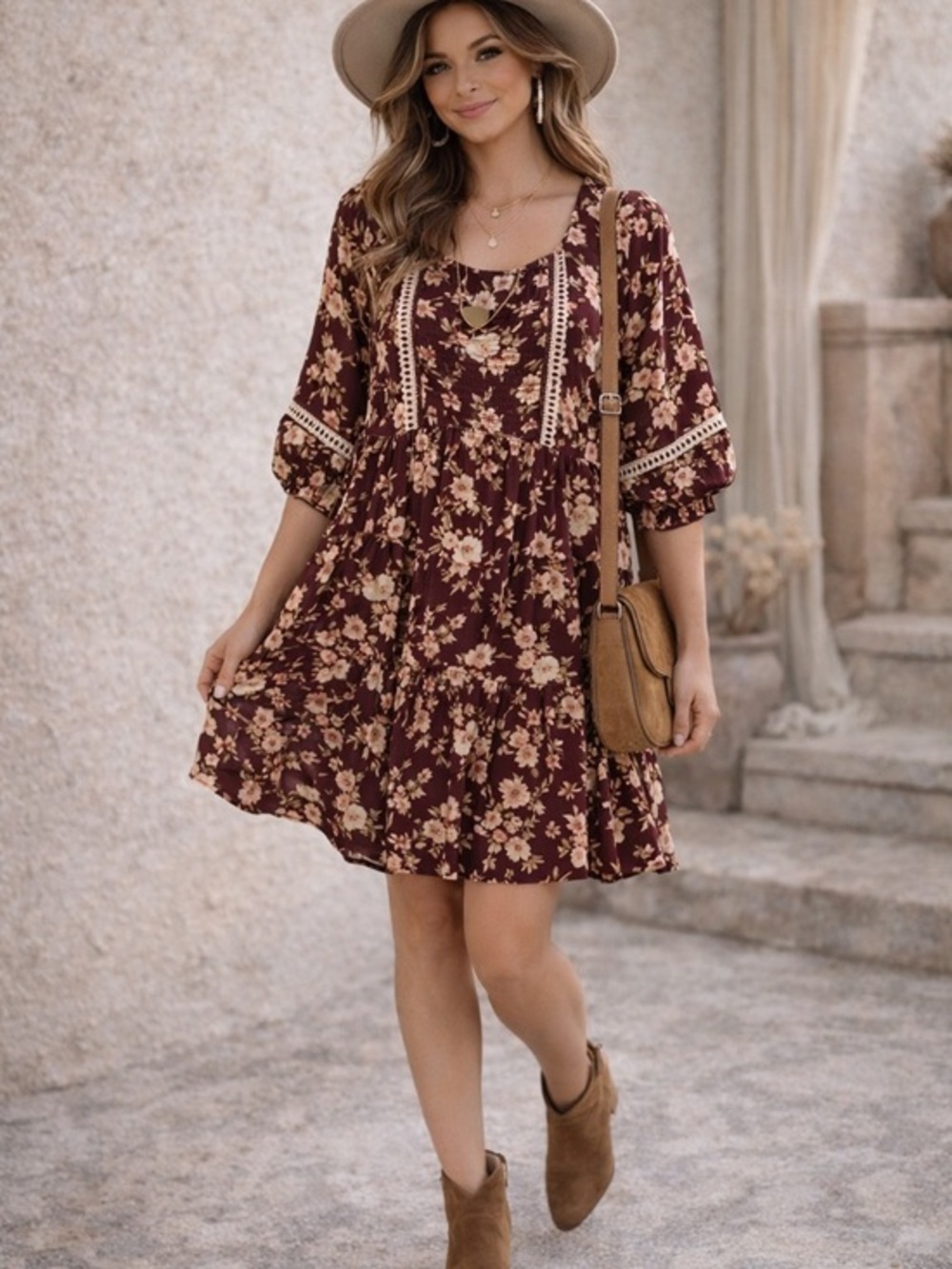 Kori Burgundy Floral Mini Dress with Cream Accents